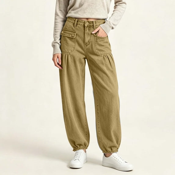 Nfurl Women's Jeans Trendy Joggers Denim Pants with Pockets High Rise Ladies Jeans Green,L