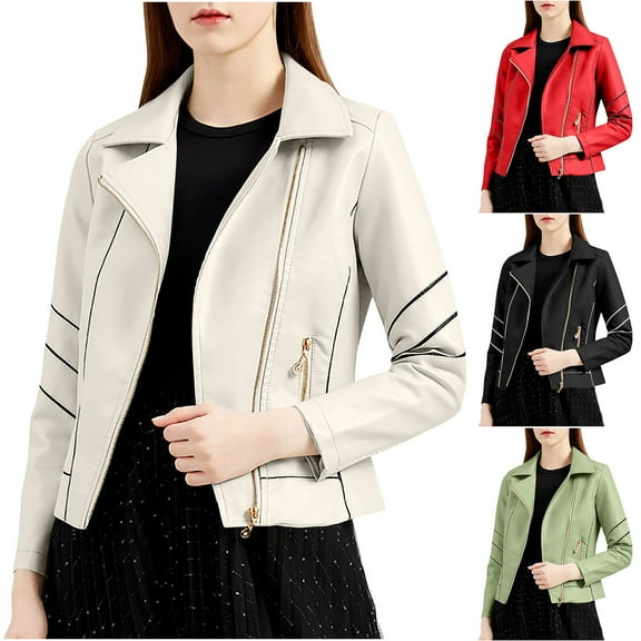 Nfurl Women's Leather Jackets Plus Size Long Sleeve Fitted Short Jacket Casual Solid Color Zip Up Fall Coats Motocycle Jacket Beige S