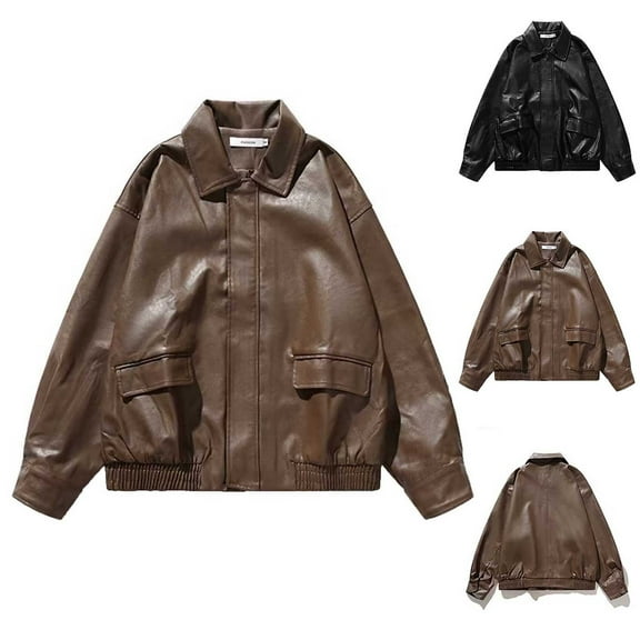 Nfurl Women's Leather Jackets Retro Long Sleeve Zip Up Bomber Jacket Casual Solid Color Lapel Motocycle Jackets Fall Coats Brown L