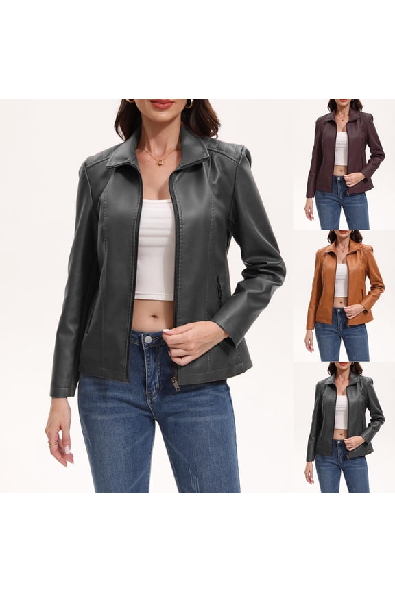 Women's Leather Jackets Slim Fit Long Sleeve Lapel Streetwear Bomber Jacket Casual Solid Color Zip Up Outerwear Fall Coats Coffee XL