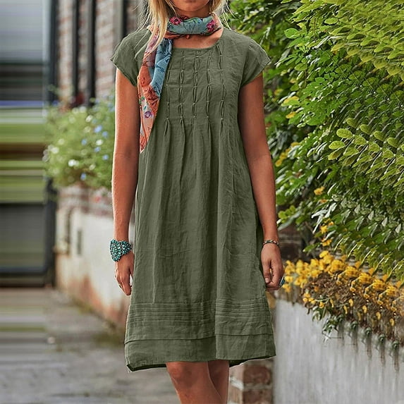 Nfurl Women's Linen Dresses Casual Long Sleeve V Neck Spring Dress Elegant Solid Color Tunic Dress for Women Loose Summer Travel Beach Sundress Army Green XXXL