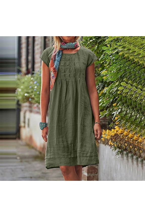 Women's Linen Dresses Casual Long Sleeve V Neck Spring Dress Elegant Solid Color Tunic Dress for Women Loose Summer Travel Beach Sundress Army Green XXXL