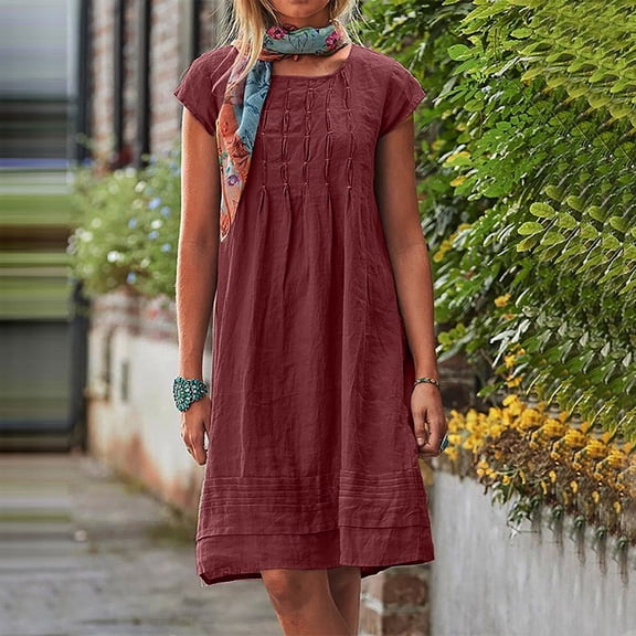 Nfurl Women's Linen Dresses Casual Long Sleeve V Neck Spring Dress Elegant Solid Color Tunic Dress for Women Loose Summer Travel Beach Sundress Wine M