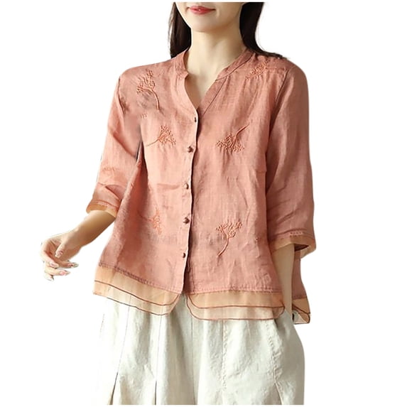 Nfurl Women's Linen Tops Elegant Embroidered Print Button Down Linen Shirts Casual 3/4 Sleeve Summer Tops Orange L