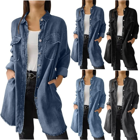 Nfurl Women's Long Denim Jackets Trendy Distressed Knee Lenght Jean Jacket with Pockets Loose Fit Solid Color Long Sleeve Denim Coats Black M