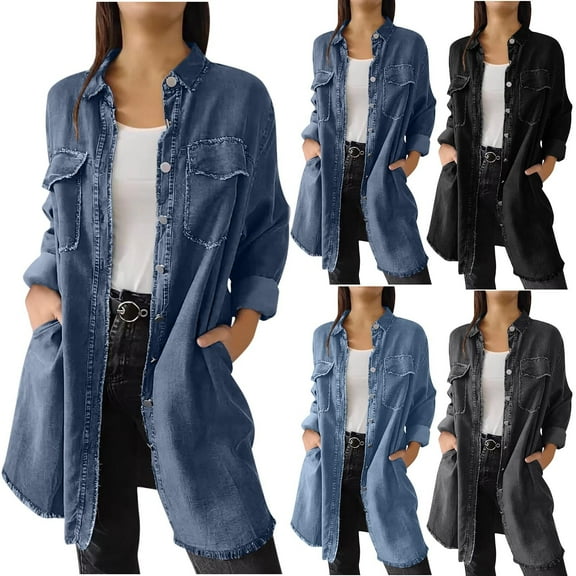 Nfurl Women's Long Denim Jackets Trendy Distressed Knee Lenght Jean Jacket with Pockets Loose Fit Solid Color Long Sleeve Denim Coats Black XXXXXL