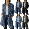 thumbnail image 1 of Nfurl Women's Long Denim Jackets Trendy Distressed Knee Lenght Jean Jacket with Pockets Loose Fit Solid Color Long Sleeve Denim Coats Blue XXXXL, 1 of 8