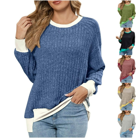 Nfurl Women's Long Sleeve Tops Trendy Color Block Crewneck Blouses Soft High Low Hem Fall Tops Lightweight Ribbed Knit Shirts Green XL