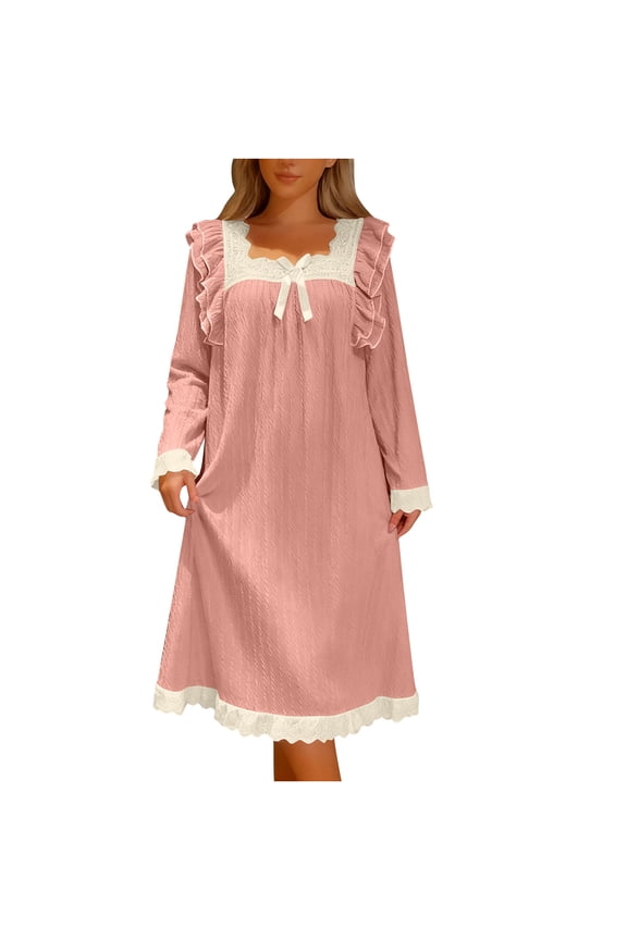 Women's Mid Length Nightgowns Long Sleeve Square Neck Bow Decor Lace Trim Sleep Dress Vintage Victorian Nightgown Ladies Sleepwear Pink XXL