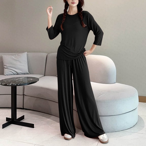Nfurl Women's Modal Pjs Sets Soft 3/4 Sleeve Sleepwear and Wide Leg Pants Set Comfy Petite Loungewear Ladies Fall Winter Pajamas Black XXL