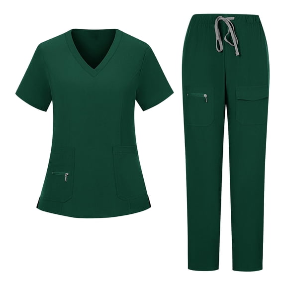 Nfurl Women's Nurse Scrubs Uniform Sets 2 Piece Short Sleeve V Neck Tops with Drawstring Elastic Waist Pants Nursing Uniform Scrub Matching Set Army Green XXL
