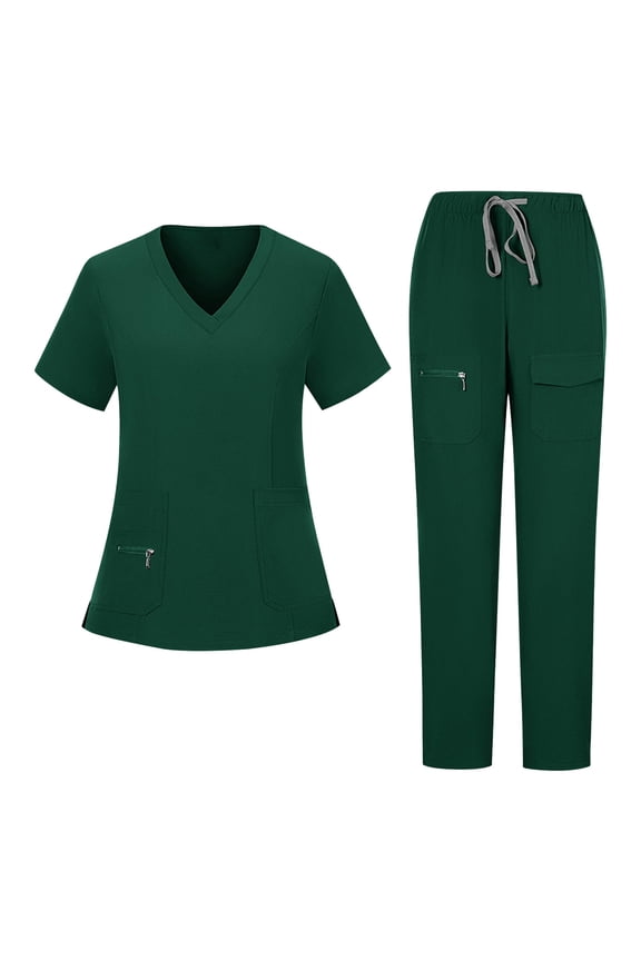 Women's Nurse Scrubs Uniform Sets 2 Piece Short Sleeve V Neck Tops with Drawstring Elastic Waist Pants Nursing Uniform Scrub Matching Set Army Green XL