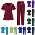 thumbnail image 1 of Nfurl Women's Nurse Scrubs Uniform Sets 2 Piece Short Sleeve V Neck Tops with Drawstring Elastic Waist Pants Nursing Uniform Scrub Matching Set Wine XL, 1 of 5