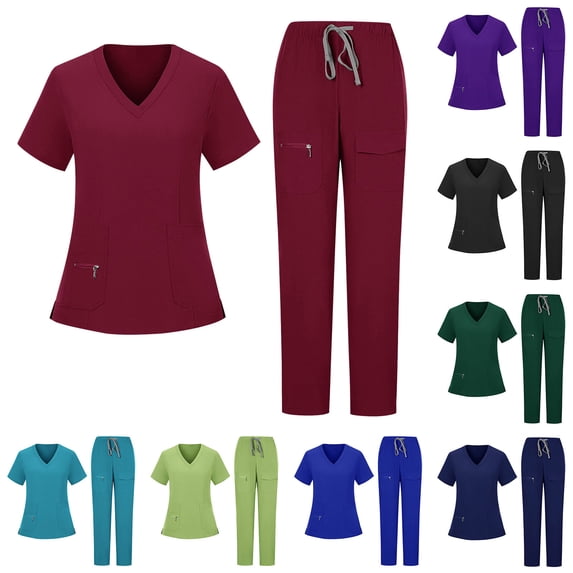 Nfurl Women's Nurse Scrubs Uniform Sets 2 Piece Short Sleeve V Neck Tops with Drawstring Elastic Waist Pants Nursing Uniform Scrub Matching Set Wine XL