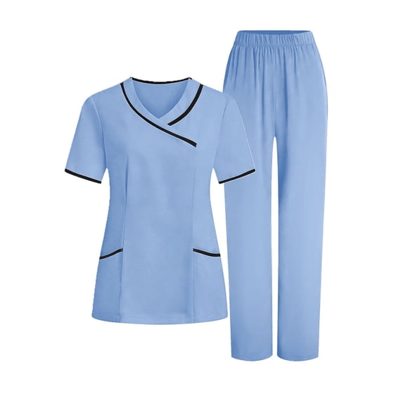 Nfurl Women's Nursing Uniform Scrubs Sets Color Block Short Sleeve V Neck Scrubs Tops with Pockets Elastic Waist Pants Nurse Uniform Matching Set Blue XXXL