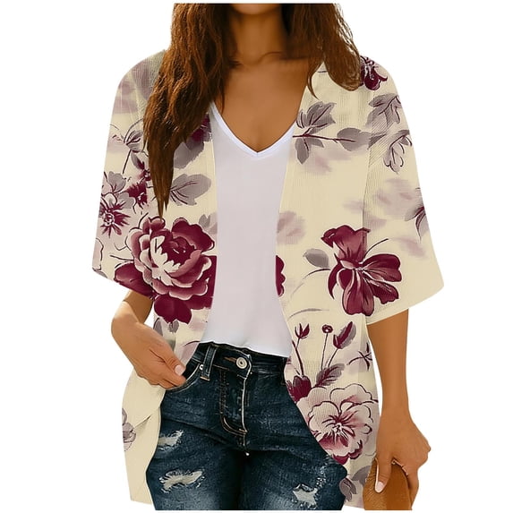 Nfurl Women's Open Front Cardigans Lightweight 3/4 Sleeve Thin Cardigan Trendy Casual Floral Printed Cover ups Khaki,L
