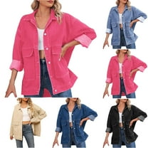 Nfurl Women's Oversized Denim Jackets Casual Long Sleeve Lapel Collar Jean Jacket Boyfriend Shirts Fall Outfits Dark Blue S