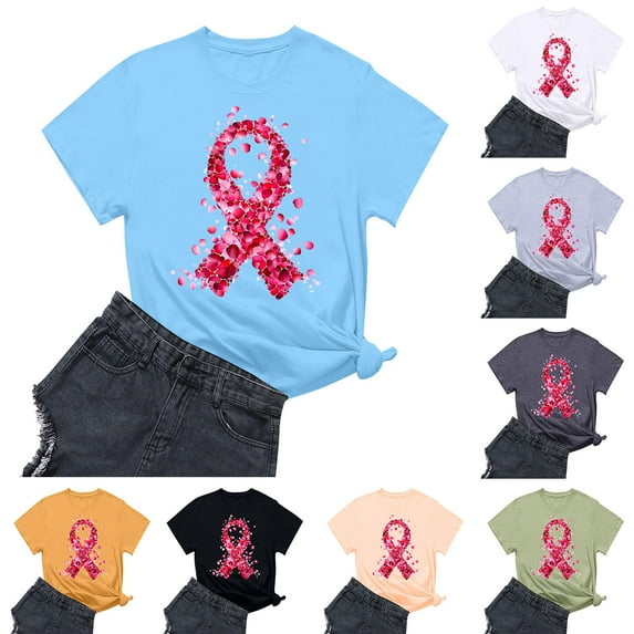 Nfurl Women's Pink Ribbon Graphic Tees Shirts Plus Size Breast Cancer Awareness Shirts Casual Short Sleeve Crewneck Tshirts for Survivor Gift Gray XXL