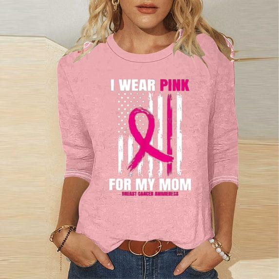 Nfurl Women's Plus Size Breast Cancer T Shirts Pink Ribbon Graphic Tee Shirts 3/4 Sleeve Tshirts Cancer Awareness Clothes Gifts for Survivor Pink,XXXL