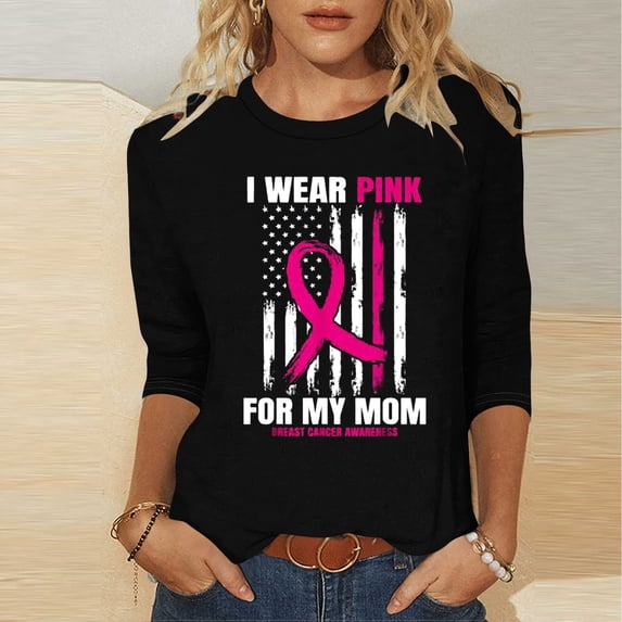 Nfurl Women's Plus Size Breast Cancer T Shirts Pink Ribbon Graphic Tee Shirts 3/4 Sleeve Tshirts Cancer Awareness Clothes Gifts for Survivor Black,L