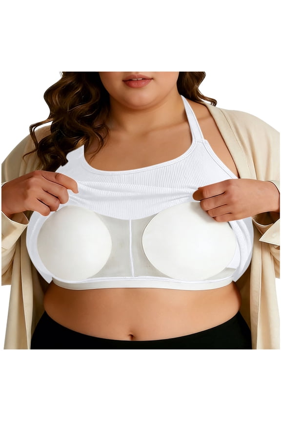 Women's Plus Size Built in Bra Tank Tops Fitted Layering Halter Shelf Bra Tank Tops for Women Ribbed Going Out Sleeveless Tshirts White,XXL