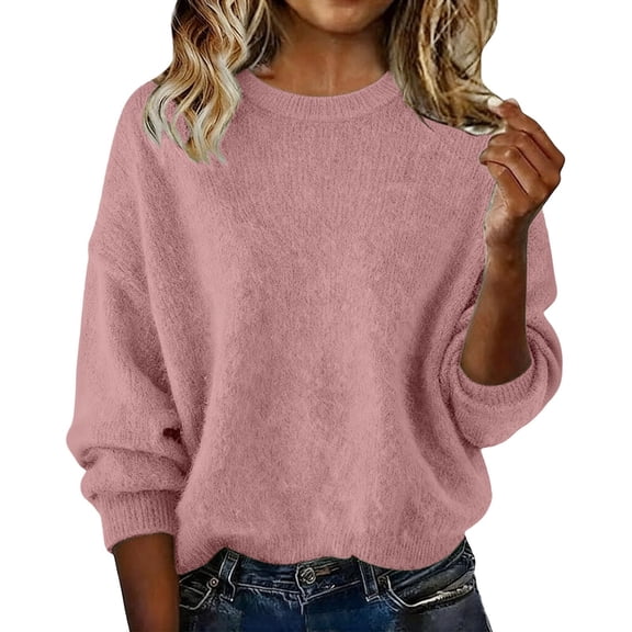 Nfurl Women's Plus Size Pullover Sweaters Cozy Long Sleeve Solid Color Pullovers Dressy Casual Work Winter Knitted Sweater Pink S