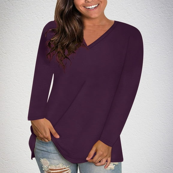 Nfurl Women's Plus Size T Shirts Casual Long Sleeve V Neck Blouses Loose Fit Solid Color Tunic Tops Ligthweight Cozy Tshirt Purple S