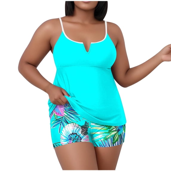 Nfurl Women's Plus Size Tankini Swimsuits Sets Tummy Control 2 Piece Bathing Suits Summer Tankini Tops Swimwear with Shorts Ladies Swimsuit Light Blue,Size XL