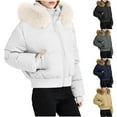 thumbnail image 1 of Nfurl Women's Puffer Jackets with Faux Fur Hood Warm Short Quilted Jacket Casual Solid Color Zip Up Winter Coats Ladies Fashion Khaki XL, 1 of 9