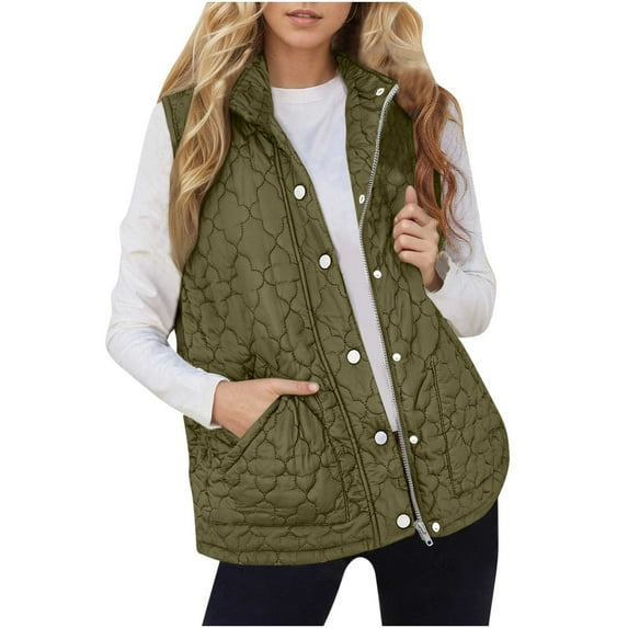 Nfurl Women's Quilted Puffer Vest Loose Fit Zip up Fall Winter Puffer Vests for Women Trendy Solid Color Sleeveless Outerwear Jackets Army Green M