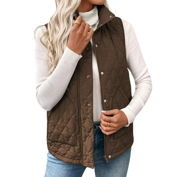 Nfurl Women's Quilted Vests Loose Fit Zip Up Stand Collar Puffer Vest Casual Outerwear Warm Solid Color Sleeveless Fall Jackets with Pockets Coffee XXL