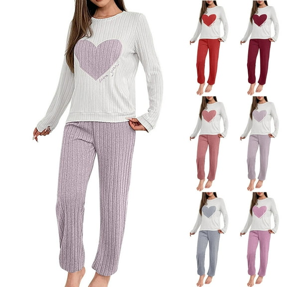 Nfurl Women's Ribbed Pajamas Sets Trendy Heart Printed Long Sleeve Sleepwear with Pants Petite Lounge Sets Ladies 2pcs Matching Pjs Red XL