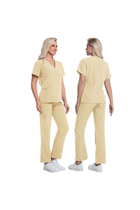 Women's Scrubs Sets 2 Piece Short Sleeve V Neck Nursing Uniform Shirts Straight Leg Pants Nurse Uniform Scrubs Sets for Women Beige XL