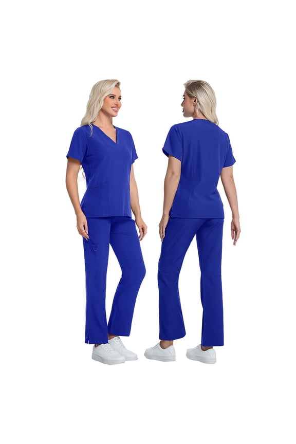 Women's Scrubs Sets 2 Piece Short Sleeve V Neck Nursing Uniform Shirts Straight Leg Pants Nurse Uniform Scrubs Sets for Women Blue XXL
