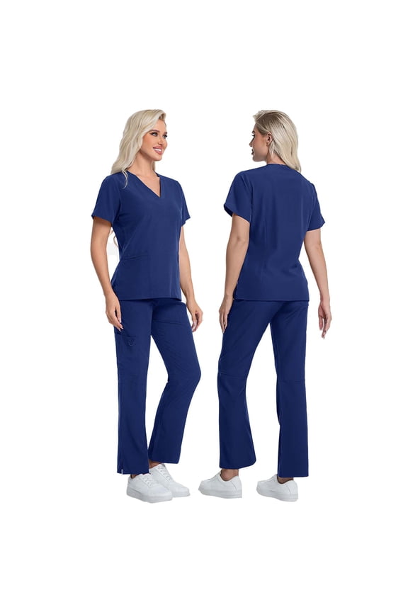 Women's Scrubs Sets 2 Piece Short Sleeve V Neck Nursing Uniform Shirts Straight Leg Pants Nurse Uniform Scrubs Sets for Women Navy XL
