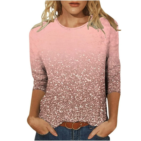 Nfurl Women's Sequin T Shirts Dressy Casual 3/4 Sleeve Crewneck Glitter Going Out Tops Trendy Party Wear Ladies Holiday Club Clothes Pink M