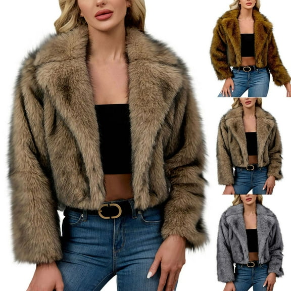 Nfurl Women's Shaggy Faux Fur Short Jackets Soft Open Front Long Sleeve Lapel Cropped Coats Trendy Fall Winter Ladies Going Out Jackets Brown XXXL