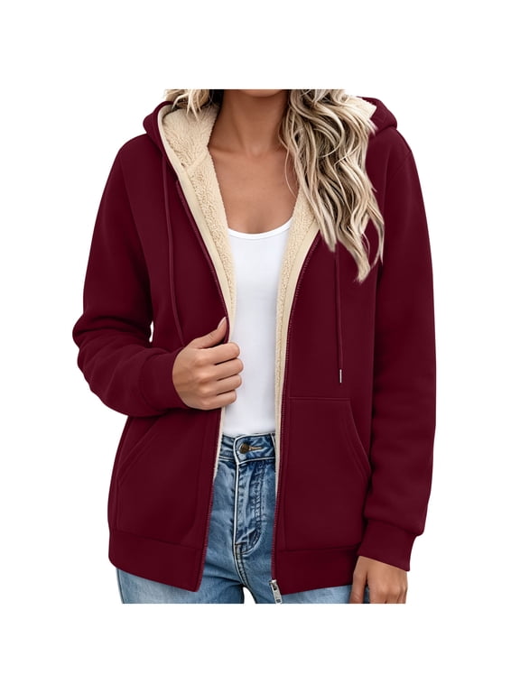 Women's Sherpa Fleece Lining Jackets Long Sleeve Zip up Jackets with Hooded and Pockets Warm Fall Winter Coats Wine,S