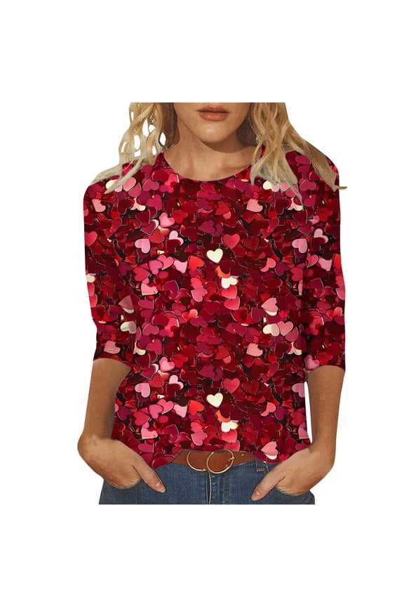 Women's Sparkling Heart Sequin Shirts Dressy Casual 3/4 Sleeve Crewneck Party Tops Trendy Ladies Evening Cocktail Club Clothing Red XL