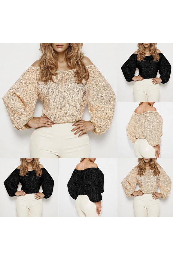 Women's Sparkly Crop Tops Elegant Cold Shoulder Puff Long Sleeve Glitter Sequin Party Top Trendy Ladies Evening Club Clothes Black S
