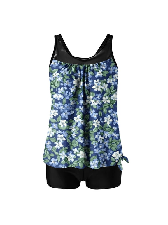 Women's Tankini Bathing Suits 2 Piece Tummy Control Modest Swimsuits for Women Summer Floral Print Swimming Suits Tankini Sets Blue,Size S