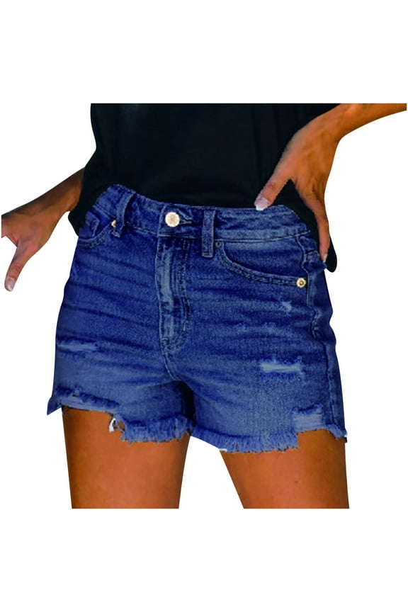 Women's Vintage Washed High Waist Denim Shorts Frayed Hem Slim Fit Stretchy Daily Casual Summer Jean Shorts Dark Blue XL