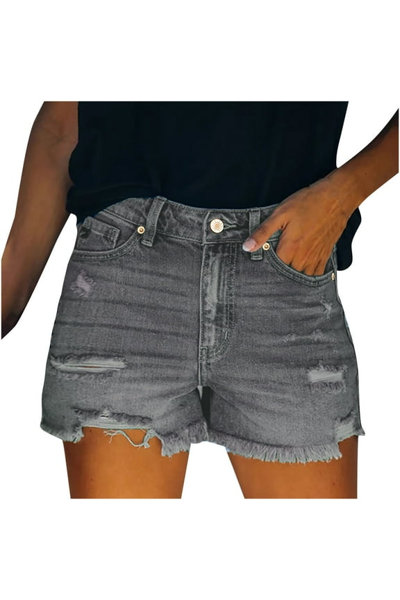 Women's Vintage Washed High Waist Denim Shorts Frayed Hem Slim Fit Stretchy Daily Casual Summer Jean Shorts Gray XL
