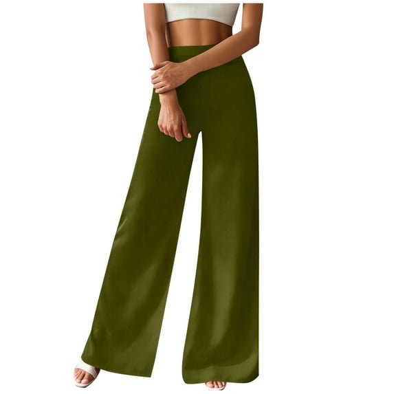 Nfurl Women's Wide Leg Pants Elastic High Waist Solid Color Flowy Palazzo Pants for Women Dressy Casual Business Work Trousers with Pockets Army Green M