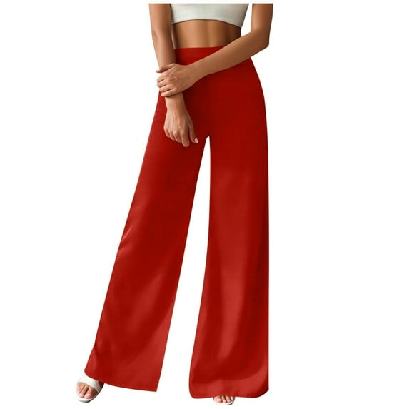 Nfurl Women's Wide Leg Pants Elastic High Waist Solid Color Flowy Palazzo Pants for Women Dressy Casual Business Work Trousers with Pockets Red L