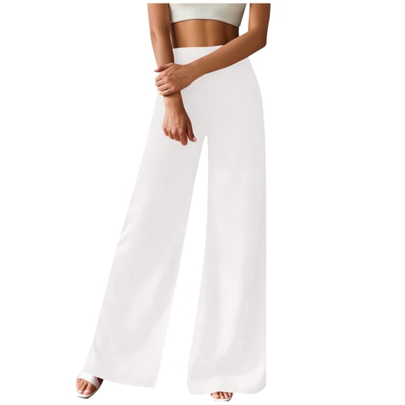 Nfurl Women's Wide Leg Pants Elastic High Waist Solid Color Flowy Palazzo Pants for Women Dressy Casual Business Work Trousers with Pockets White XL