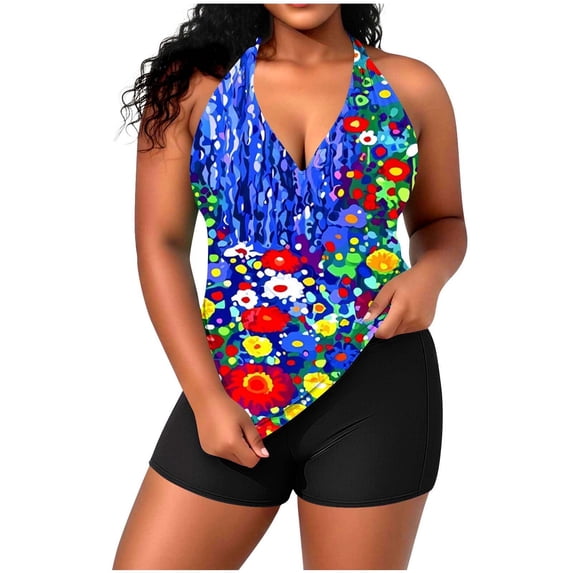 Nfurl Womens 2 Piece Bathing Suits Summer Floral Print Halter Tankini Swimsuits Tummy Control Plus Size Tankini Bathing Suits Ladies Swimsuit Sky Blue,Size XL