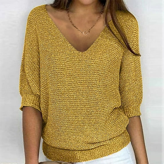 Nfurl Womens 3/4 Length Sleeve Knitted Sweater Tops Plus Size Slouchy Blouses Loose Fit V Neck Knitwear Fall Blouson Shirts Yellow XXL