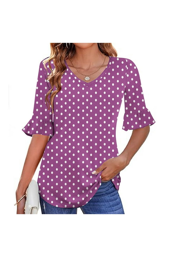 Womens 3/4 Length Sleeve Shirts Trendy Polka Dot Graphic Tops Dressy Casual V Neck Shirt Lightweight Comfy Blouses for Going Out 2025 Fall Clothings Hot Pink XXL