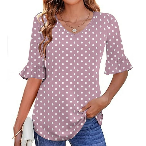 Nfurl Womens 3/4 Length Sleeve Shirts Trendy Polka Dot Graphic Tops Dressy Casual V Neck Shirt Lightweight Comfy Blouses for Going Out 2025 Fall Clothings Pink L